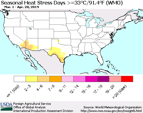 United States Seasonal Heat Stress Days >=35°C/95°F (WMO) Thematic Map For 3/1/2019 - 4/20/2019