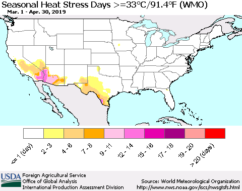 United States Seasonal Heat Stress Days >=35°C/95°F (WMO) Thematic Map For 3/1/2019 - 4/30/2019