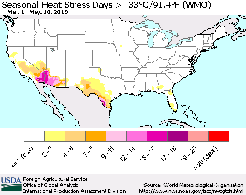 United States Seasonal Heat Stress Days >=35°C/95°F (WMO) Thematic Map For 3/1/2019 - 5/10/2019