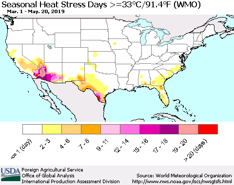 United States Seasonal Heat Stress Days >=35°C/95°F (WMO) Thematic Map For 3/1/2019 - 5/20/2019