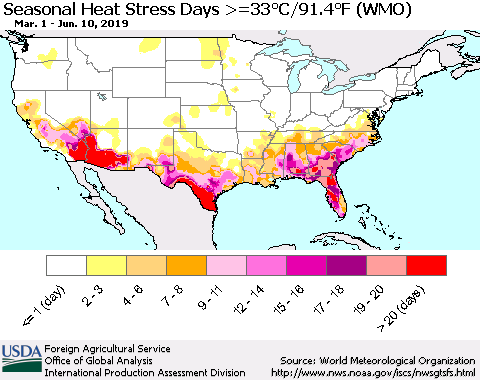 United States Seasonal Heat Stress Days >=35°C/95°F (WMO) Thematic Map For 3/1/2019 - 6/10/2019