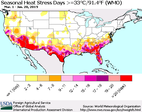 United States Seasonal Heat Stress Days >=35°C/95°F (WMO) Thematic Map For 3/1/2019 - 6/20/2019