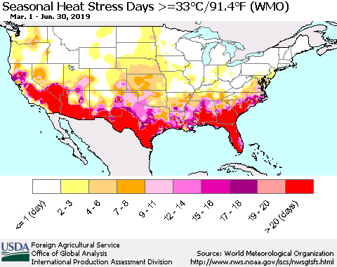 United States Seasonal Heat Stress Days >=35°C/95°F (WMO) Thematic Map For 3/1/2019 - 6/30/2019