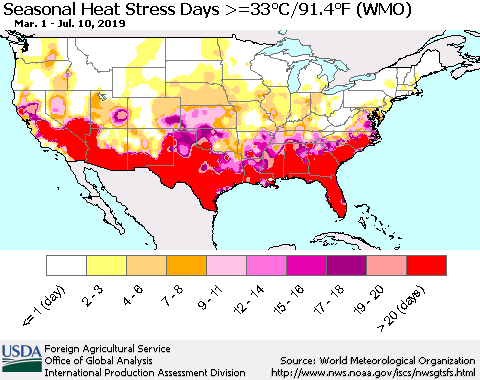 United States Seasonal Heat Stress Days >=35°C/95°F (WMO) Thematic Map For 3/1/2019 - 7/10/2019