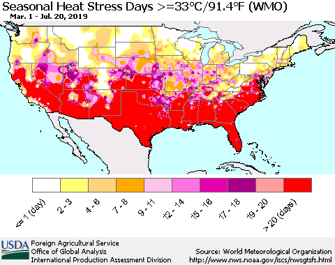 United States Seasonal Heat Stress Days >=35°C/95°F (WMO) Thematic Map For 3/1/2019 - 7/20/2019