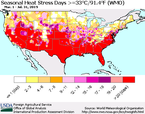 United States Seasonal Heat Stress Days >=35°C/95°F (WMO) Thematic Map For 3/1/2019 - 7/31/2019
