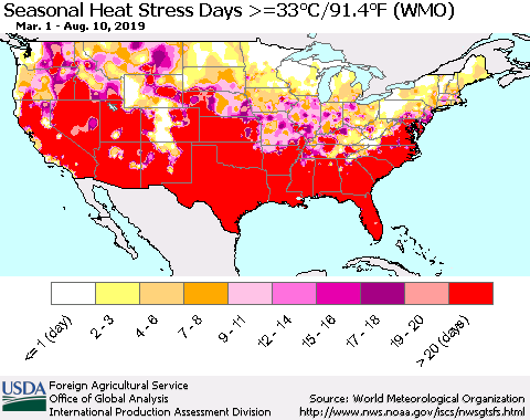 United States Seasonal Heat Stress Days >=35°C/95°F (WMO) Thematic Map For 3/1/2019 - 8/10/2019