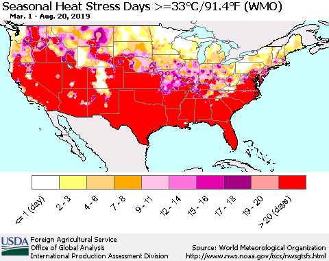 United States Seasonal Heat Stress Days >=35°C/95°F (WMO) Thematic Map For 3/1/2019 - 8/20/2019