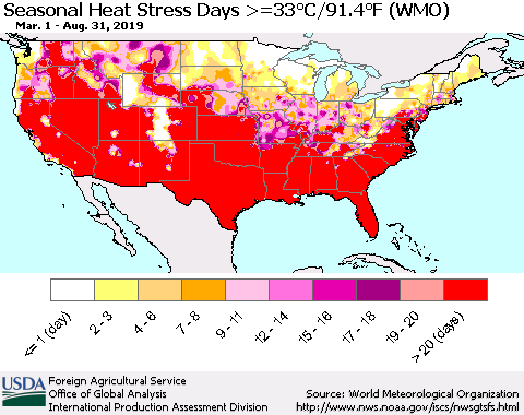 United States Seasonal Heat Stress Days >=35°C/95°F (WMO) Thematic Map For 3/1/2019 - 8/31/2019