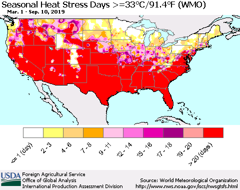 United States Seasonal Heat Stress Days >=35°C/95°F (WMO) Thematic Map For 3/1/2019 - 9/10/2019
