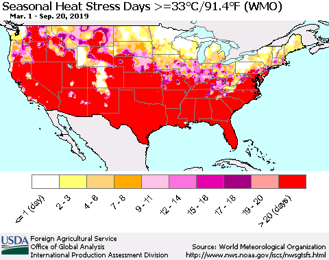 United States Seasonal Heat Stress Days >=35°C/95°F (WMO) Thematic Map For 3/1/2019 - 9/20/2019