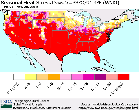 United States Seasonal Heat Stress Days >=35°C/95°F (WMO) Thematic Map For 3/1/2019 - 11/20/2019