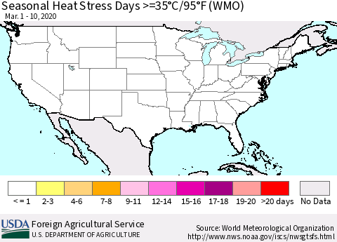 United States Seasonal Heat Stress Days >=35°C/95°F (WMO) Thematic Map For 3/1/2020 - 3/10/2020
