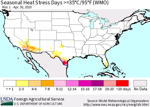 United States Seasonal Heat Stress Days >=35°C/95°F (WMO) Thematic Map For 3/1/2020 - 4/30/2020