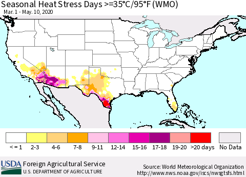 United States Seasonal Heat Stress Days >=35°C/95°F (WMO) Thematic Map For 3/1/2020 - 5/10/2020