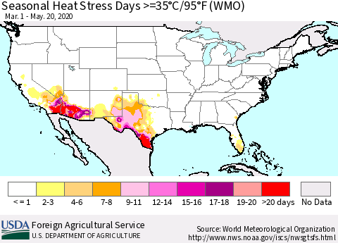 United States Seasonal Heat Stress Days >=35°C/95°F (WMO) Thematic Map For 3/1/2020 - 5/20/2020