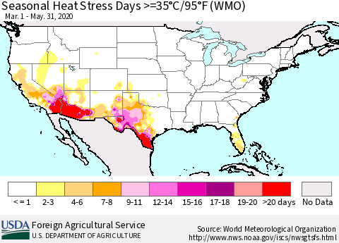 United States Seasonal Heat Stress Days >=35°C/95°F (WMO) Thematic Map For 3/1/2020 - 5/31/2020