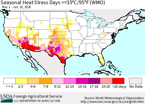 United States Seasonal Heat Stress Days >=35°C/95°F (WMO) Thematic Map For 3/1/2020 - 6/10/2020