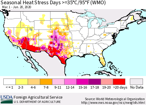 United States Seasonal Heat Stress Days >=35°C/95°F (WMO) Thematic Map For 3/1/2020 - 6/20/2020