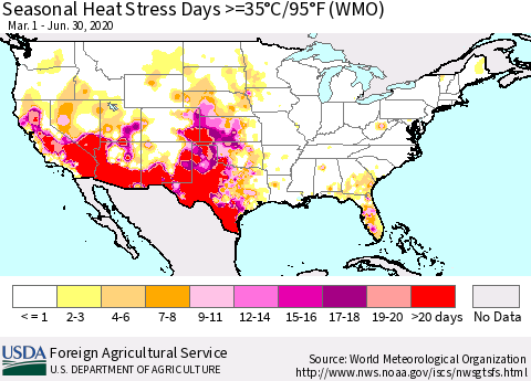 United States Seasonal Heat Stress Days >=35°C/95°F (WMO) Thematic Map For 3/1/2020 - 6/30/2020