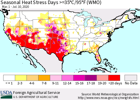 United States Seasonal Heat Stress Days >=35°C/95°F (WMO) Thematic Map For 3/1/2020 - 7/10/2020