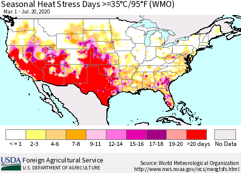 United States Seasonal Heat Stress Days >=35°C/95°F (WMO) Thematic Map For 3/1/2020 - 7/20/2020