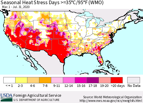 United States Seasonal Heat Stress Days >=35°C/95°F (WMO) Thematic Map For 3/1/2020 - 7/31/2020