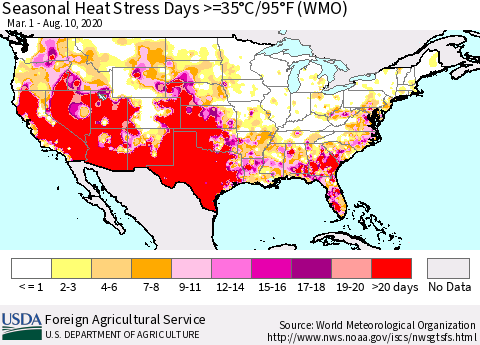 United States Seasonal Heat Stress Days >=35°C/95°F (WMO) Thematic Map For 3/1/2020 - 8/10/2020