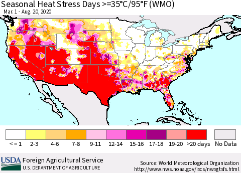 United States Seasonal Heat Stress Days >=35°C/95°F (WMO) Thematic Map For 3/1/2020 - 8/20/2020