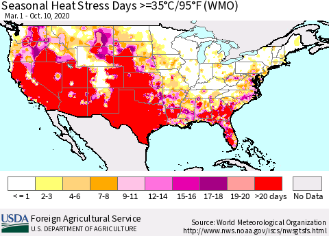United States Seasonal Heat Stress Days >=35°C/95°F (WMO) Thematic Map For 3/1/2020 - 10/10/2020