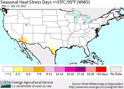 United States Seasonal Heat Stress Days >=35°C/95°F (WMO) Thematic Map For 3/1/2021 - 4/10/2021