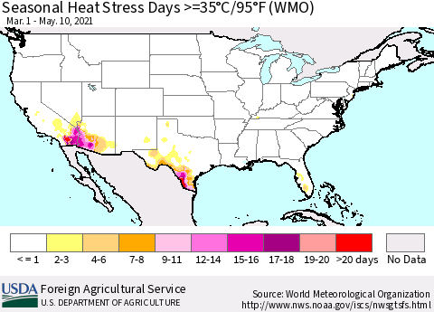 United States Seasonal Heat Stress Days >=35°C/95°F (WMO) Thematic Map For 3/1/2021 - 5/10/2021