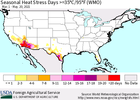 United States Seasonal Heat Stress Days >=35°C/95°F (WMO) Thematic Map For 3/1/2021 - 5/20/2021