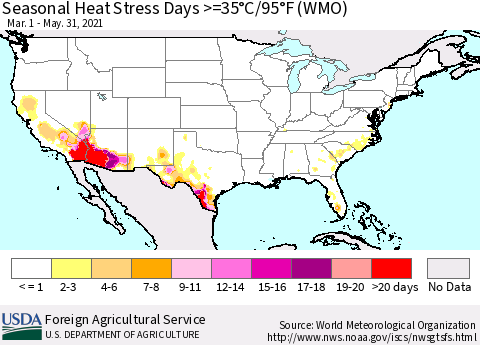 United States Seasonal Heat Stress Days >=35°C/95°F (WMO) Thematic Map For 3/1/2021 - 5/31/2021