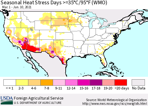 United States Seasonal Heat Stress Days >=35°C/95°F (WMO) Thematic Map For 3/1/2021 - 6/10/2021