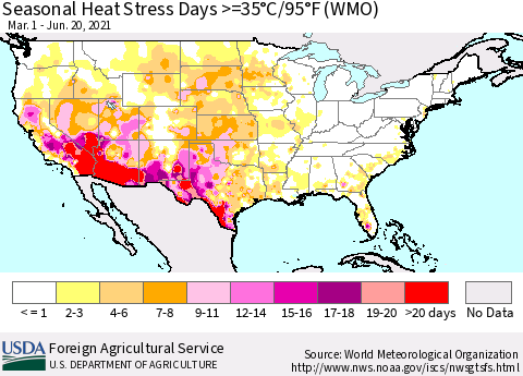 United States Seasonal Heat Stress Days >=35°C/95°F (WMO) Thematic Map For 3/1/2021 - 6/20/2021