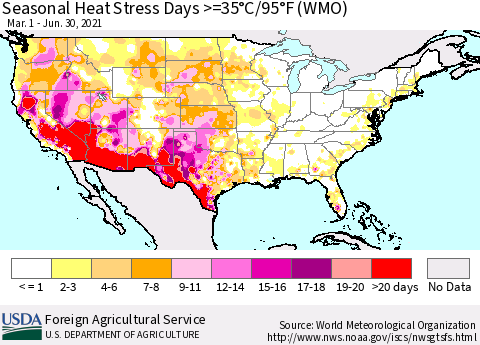 United States Seasonal Heat Stress Days >=35°C/95°F (WMO) Thematic Map For 3/1/2021 - 6/30/2021