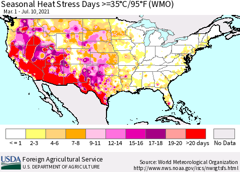 United States Seasonal Heat Stress Days >=35°C/95°F (WMO) Thematic Map For 3/1/2021 - 7/10/2021
