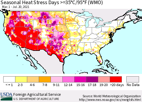 United States Seasonal Heat Stress Days >=35°C/95°F (WMO) Thematic Map For 3/1/2021 - 7/20/2021