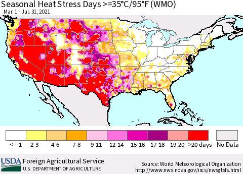 United States Seasonal Heat Stress Days >=35°C/95°F (WMO) Thematic Map For 3/1/2021 - 7/31/2021