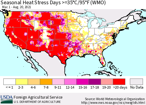 United States Seasonal Heat Stress Days >=35°C/95°F (WMO) Thematic Map For 3/1/2021 - 8/20/2021