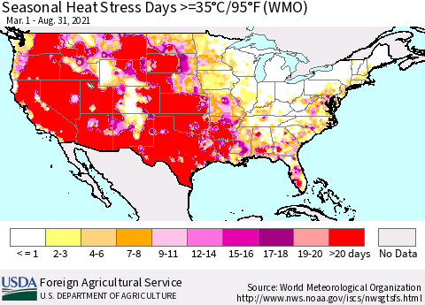 United States Seasonal Heat Stress Days >=35°C/95°F (WMO) Thematic Map For 3/1/2021 - 8/31/2021