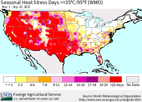 United States Seasonal Heat Stress Days >=35°C/95°F (WMO) Thematic Map For 3/1/2021 - 9/10/2021