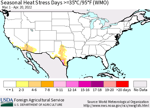 United States Seasonal Heat Stress Days >=35°C/95°F (WMO) Thematic Map For 3/1/2022 - 4/20/2022
