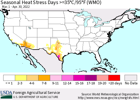 United States Seasonal Heat Stress Days >=35°C/95°F (WMO) Thematic Map For 3/1/2022 - 4/30/2022