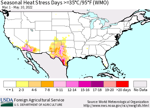 United States Seasonal Heat Stress Days >=35°C/95°F (WMO) Thematic Map For 3/1/2022 - 5/10/2022