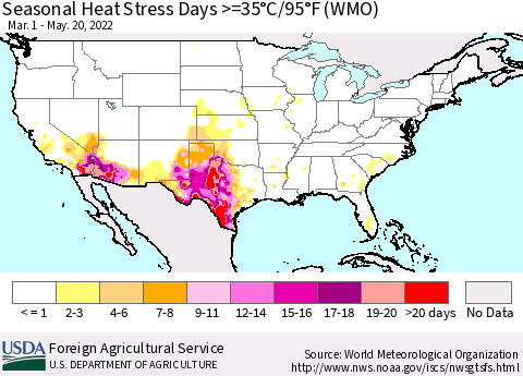 United States Seasonal Heat Stress Days >=35°C/95°F (WMO) Thematic Map For 3/1/2022 - 5/20/2022