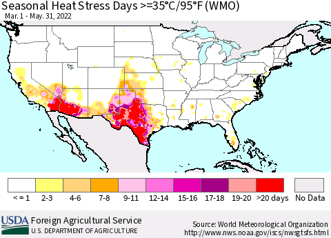 United States Seasonal Heat Stress Days >=35°C/95°F (WMO) Thematic Map For 3/1/2022 - 5/31/2022