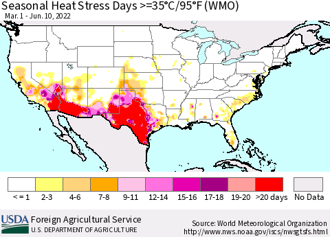 United States Seasonal Heat Stress Days >=35°C/95°F (WMO) Thematic Map For 3/1/2022 - 6/10/2022