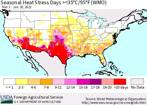 United States Seasonal Heat Stress Days >=35°C/95°F (WMO) Thematic Map For 3/1/2022 - 6/20/2022
